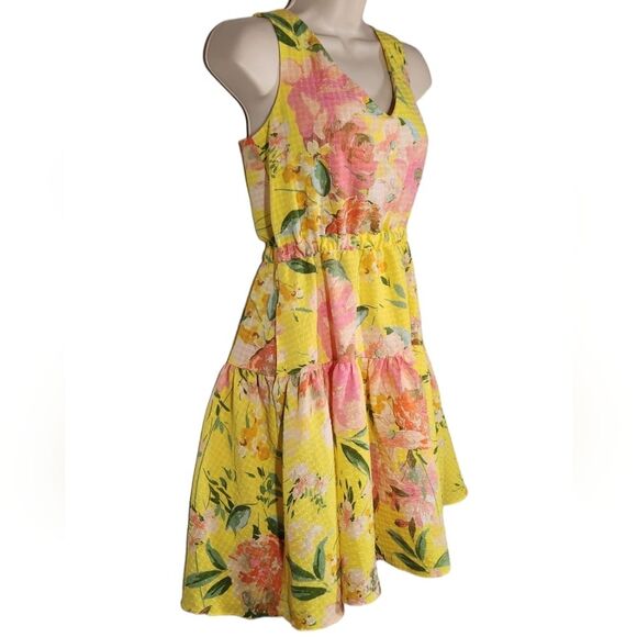 Maison Tara Dress Floral Seersucker Tiered Mini Sleeveless Cut Out Pink Yellow 4 - Picture 5 of 16
